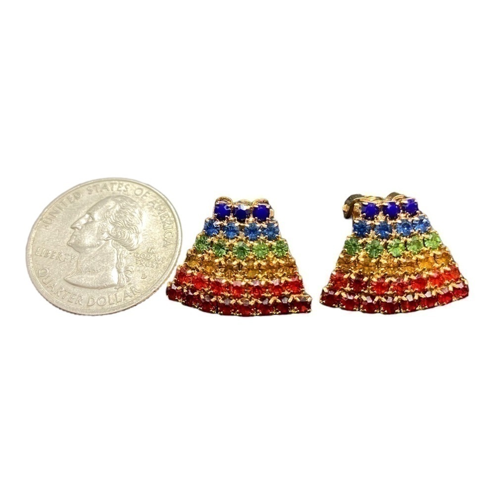 Rainbow Rhinestone Gold Tone Clip On Earrings Vintage - Picture 7 of 10